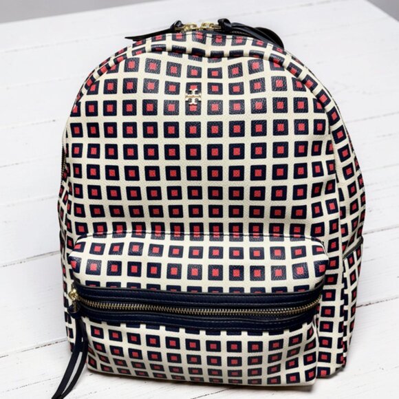 Tory Burch Kerrington Milano Square Backpack Geo Print Navy Red | EUC - Picture 2 of 9